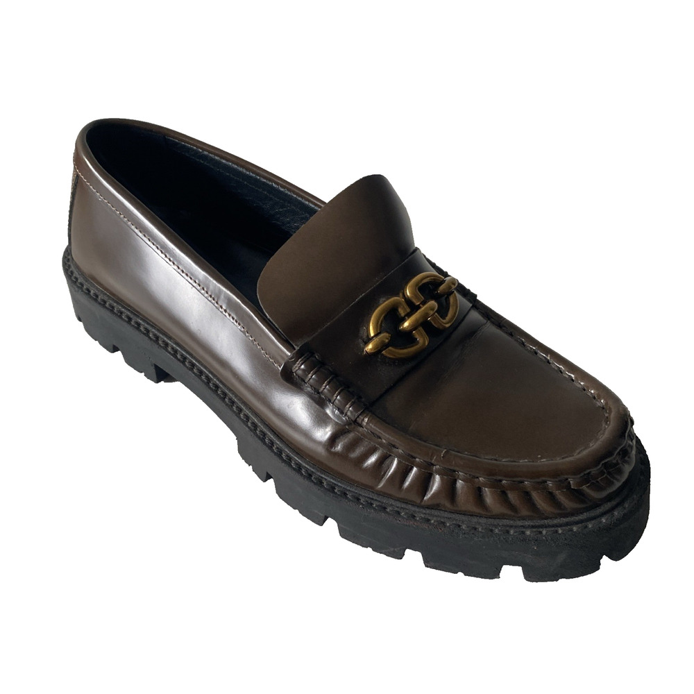 Massimo Dutti Horse Bit Loafer Slip On Patent Leather Brown Flat Moc Toe 39